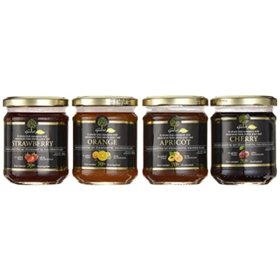 Abbildung von Geodi Fruchtaufstriche mit 70% Fruchtanteil, ohne Zuckerzusatz (60% weniger Zucker als Marmelade) 4 Sorten a 225g: Erdbeer, Aprikose, Kirsch, Orange (4*225g)