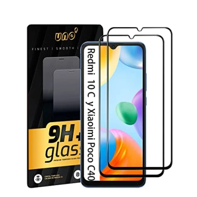 Abbildung von UNO&#039; Displayschutzfolie aus gehärtetem Glas, 2 Stück, kompatibel mit Xiaomi Redmi 10C und Xiaoimi Poco C40, ultra widerstandsfähig, blasenfrei, 9H, kratzfest, Schwarz, Stück