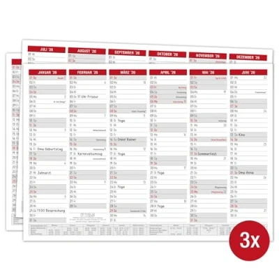 Abbildung von TOBJA Wandkalender A4 Tafelkalender Rot 2025 3er Set, Wandkalender, Schulferien, Feiertage, Wochenenden, Kalender