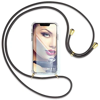 Abbildung von mtb more energy® Handykette + Schutzglas kompatibel mit iPhone 13 Pro (6.1&#039;&#039;) dunkelgrau/Gold Smartphone Hülle zum Umhängen Anti Shock Full TPU Case