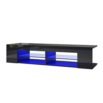 Abbildung von SONNI TV Board, Fernsehtisch, Lowboard, mit LED Beleuchtung, 12 Farben können eingestellt Werden, Glasböden, Hochglanz, Schrank, Fernsehschrank, Regal, Schwarz, 135x39x30cm. GTV003B.
