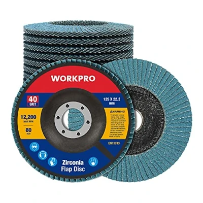 Abbildung von WORKPRO Profi Fächerscheiben 10 Stück Ø 125 mm x 22,2 Fächerschleifscheibe Körnung 40 Blau Standard Schleifmopteller für Edelstahl, Metall und Holz