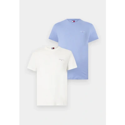 Abbildung von Tommy Jeans Herren 2er Pack T Shirts Kurzarm Linear Chest Rundhalsausschnitt, Mehrfarbig (Colorado Blue/Ecru), L