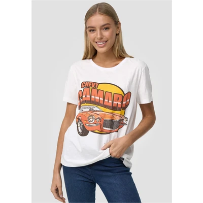Abbildung von RE:COVERED Vintage Chevy Camaro Damen T Shirt mit Auto Print Baumwoll Kurzarm MMPKC475 Ecru Weiß