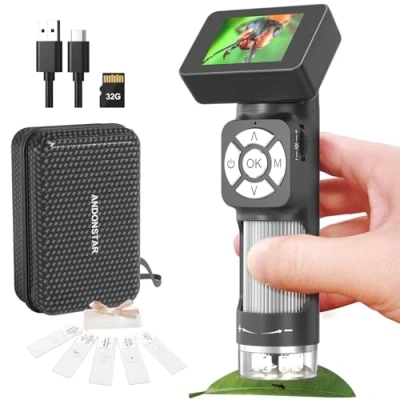 Abbildung von Andonstar AD112 Tragbares Taschenmikroskop Set für Kinder und Erwachsene mit 2 Zoll LCD Bildschirm, Mini Hand Digitalmikroskop 500 fach 8 einstellbaren LED Leuchten, Windows PC kompatibel