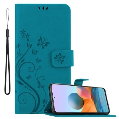 Abbildung von Cadorabo Hülle kompatibel mit Xiaomi RedMi Note 10 PRO Blumen Design aus Premium Kunst Leder Flip Klappbare Stoßfeste Magnetische [Standfunktion] [Kartenfächern] Cover Case Tasche in Blau