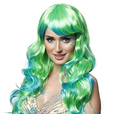 Abbildung von Das Kostümland Kostüm Perücke Langhaar Locken Aqua mit Pony Grün Blau