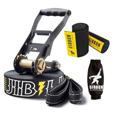 Abbildung von Gibbon Slacklines JibLine 15m Trickline Set inkl. Ratschenschutz Baumschutz Sicherheitsverschluss Bruchlast 30Kn, 5cm Breite Optimierter Halt für Freestyler, Adrenalinjunkies, Urban Slacker