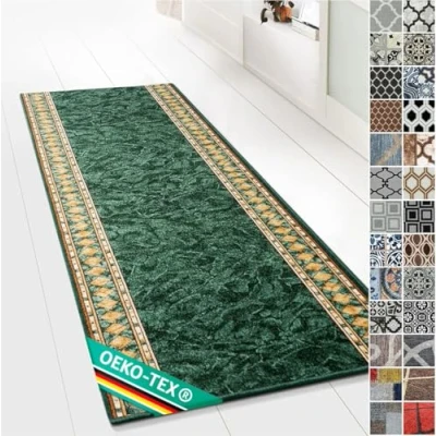 Abbildung von Floordirekt Teppichläufer mit Muster maßgefertigter Feinschlingen Teppich Läufer für Küche, Flur &amp; Wohnraum Ornament Vintage Orient Gitter (80 x 150 cm, Rügen Grün)