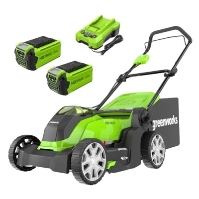 Abbildung von Greenworks 40V Kabelloser Akku Rasenmäher für Flächen bis zu 500 m², 41 cm Schnittbreite, 50 Liter Sack PLUS zwei 40 V 2Ah Akkus mit Ladegerät, 3 Jahre Garantie G40LM41K2X