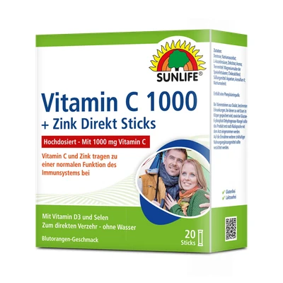 Abbildung von SUNLIFE SUNLIFE® Vitamin C 1000 mg hochdosiert 20 direkt Sticks + Zink Selen Einmal täglich den Inhalt von einem Stick auf die Zunge geben und langsam im Mund zergehen lassen