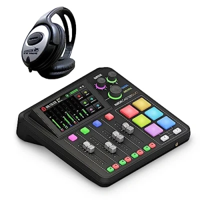 Abbildung von Rode Rodecaster Duo Audio Production Studio für Podcasts, Streaming, Content Creation + keepdrum Kopfhörer