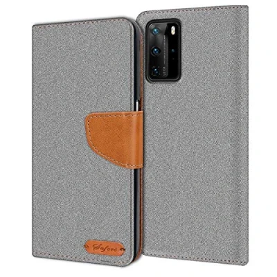 Abbildung von Verco kompatibel mit Huawei P40 Pro Hülle, Schutzhülle für Tasche Denim Textil Book Case Flip Klapphülle, Grau