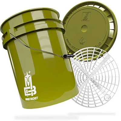 Abbildung von MAGIC BUCKET Auto Handwäsche Bundle Wascheimer Mit passendem Eimer Deckel 5 US GALLONEN ca. 20 Liter Grit Guard Eimereinsatz Schmutzsieb Waschset Khaki/Weiß