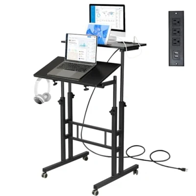 Abbildung von Hadulcet Mobiler Stehpult mit Ladestation, verstellbarer Computertisch, Stehender Laptopwagen Rollen für Home Office Klassenzimmer Schwarz