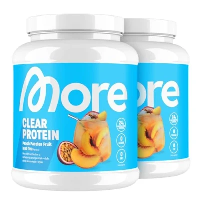 Abbildung von MORE Clear, Peach Passionfruit Ice Tea, 2 x 600 g, Protein Drink mit Whey Isolat, clear made in Germany