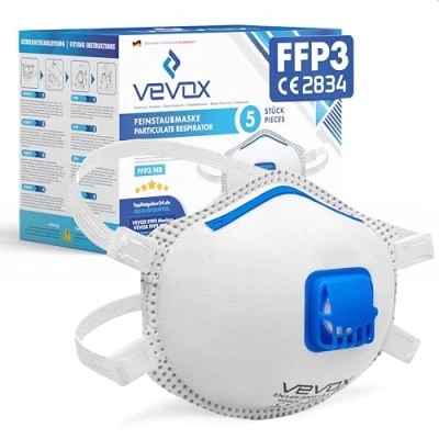 Abbildung von VEVOX® FFP3 Maske mit Ventil 5er, 10er oder 20er Set Staubmaske Atemschutzmaske Staubschutzmaske Feinstaubmaske Atemschutz z.B. gegen Feinstaub, Schimmel Asbest