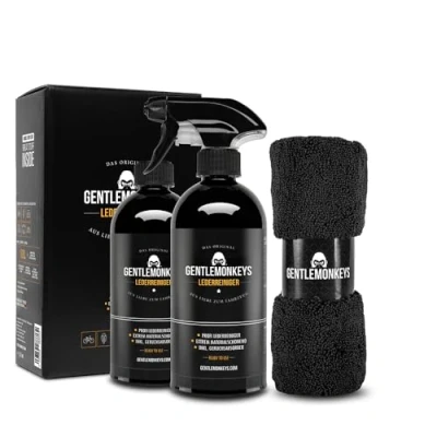 Abbildung von GENTLEMONKEYS Lederreiniger Set (500ml Leder Reiniger + Microfasertuch 500ml Refill) Lederpflege für Glattlederoberflächen Extrem materialverträglich und biologisch abbaubar