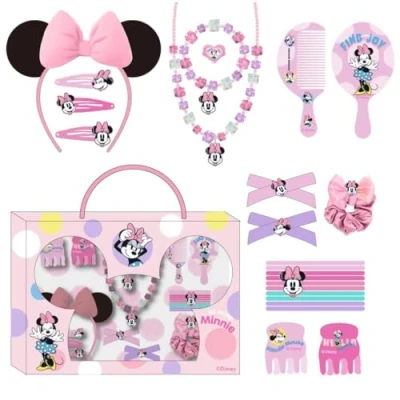 Abbildung von Minnie Mouse Beauty Set, bestehend aus 1 Haargummi Stoff, 10 Haargummis, 2 Pinzetten, 3 Haarnadeln, Bürsten, Haarband, Halskette, Armband und Ring. Originalprodukt, entworfen in Spanien