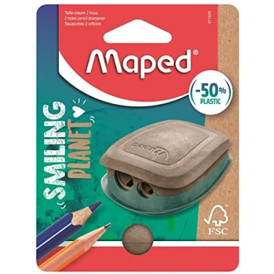 Abbildung von Maped der ökologisch nachhaltige Anspitzer SMILING PLANET für 2 Stiftgröße mit Auffangdose aus Holzfaserverbundstoff: 50% recycelter Kunststoff &amp; FSC zertifiziertes Holzfaser