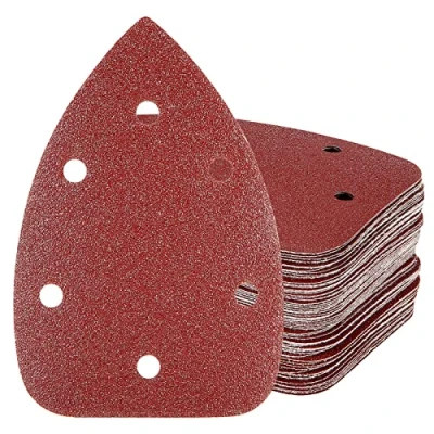 Abbildung von HYCHIKA Deltaschleifer Schleifpapier Dreieckschleifer 60 Stück, 6 Loch Schleifpapier(140x140x90mm) Körnung 60/80/100/120/180/240 Klett Schleifdreiecke für Deltaschleifer/Multischleifer