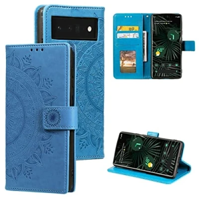 Abbildung von CoverKingz Handy Cover kompatibel mit Google Pixel 7 Pro Handyschutz Kartenfach Klapphülle Bookcase Hülle aufklappbar Motiv Mandala Blau