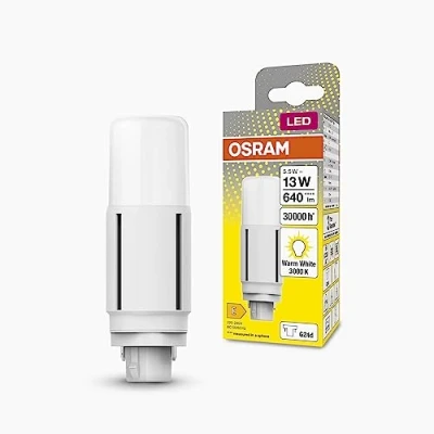 Abbildung von OSRAM DULUX LED D13 VT EM, G24D, 5,5W, 640lm, 3000K, warmweiße Lichtfarbe, für vertikale Applikationen geeignet dank Abstrahlwinkel von 300 Grad, extrem lange Lebensdauer, keine Aufwärmzeit