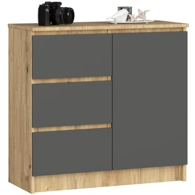 Abbildung von AKORD Kommode K 80 Jerry mit 3 Schubladen Schrank 2 Einlegeböden und 1 Tür Für das Wohnzimmer Schlafzimmer Moderne 16mm Laminierte Platte 80x77x35 cm Artisan Eiche + Graphitgrau Front