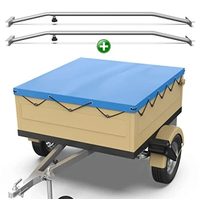 Abbildung von Tarpofix® Anhängerplane 140x105 cm + 2X Planenbügel Anhänger Plane Flachplane aus PVC PLANENMATERIAL Verstärkte HP400 für DDR PKW Hänger Abdeckplane Flachplanenbügel Blau
