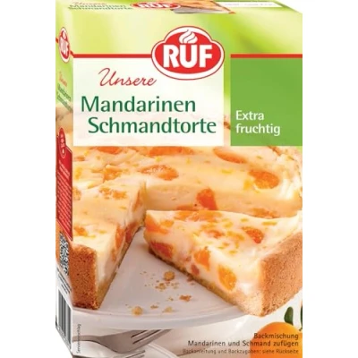 Abbildung von RUF Mandarinen Schmand Torte, Backmischung für einen fruchtigen Schmandkuchen, mit Weizen Vollkornmehl, Mandarinen, Kirschen, Stachelbeeren