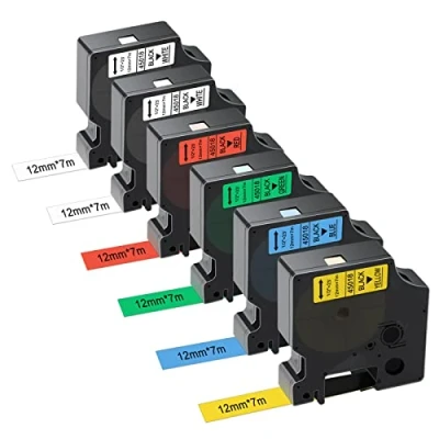 Abbildung von 6 Stück kompatibel mit Dymo D1 Etikettenband, 12 mm x 7 m für Labelmanager PNP/160/210D/280/350/420P/450D/500TS Etikettendrucker, 45013 45016 45017 45018 45019 Schwarz/Weiß/Blau/Rot Gelb/Grün