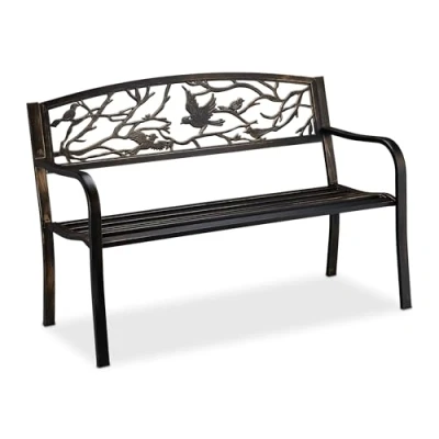 Abbildung von Relaxdays Gartenbank, Vögel Muster, 2 Sitzer, Vintage, Garten &amp; Balkon, Stahl, Sitzbank, 87x127x57 cm, schwarz/Bronze