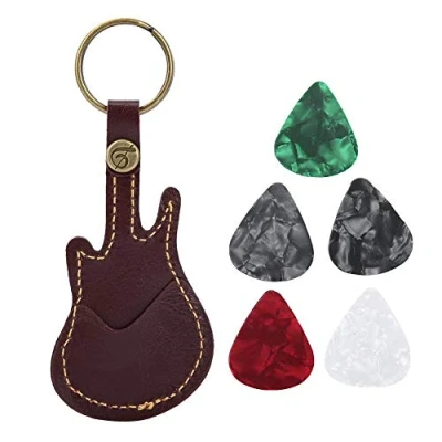 Abbildung von Bnineteenteam Gitarren Plektrum Halter Gitarre Picks Tasche aus PU Leder mit Schlüsselanhänger 5 bunten Plektren Für Gitarristen(Braun) Musikinstrumentenzubehör Zubehör Musikinstrumente
