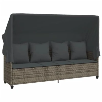 Abbildung von vidaXL Sonnenliege, Liege mit ausziehbarem Sonnendach, Gartenliege dick gepolsterten Kissen, Sonnenbett Gartenmöbel, Grau Poly Rattan