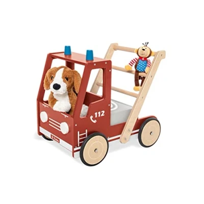Abbildung von PINOLINO Lauflernwagen Feuerwehrauto Fred, mit Bremssystem, gummierten Holzrädern und herausnehmbarer Box, rot lackiert