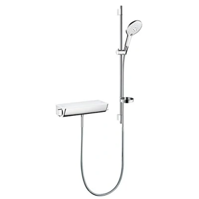 Abbildung von hansgrohe Duschsystem &quot;Aufputz 15cm, 3 Strahlarten mit Thermostat und Duschstange 90cm&quot;, (Komplett Set), Weiß/chrom