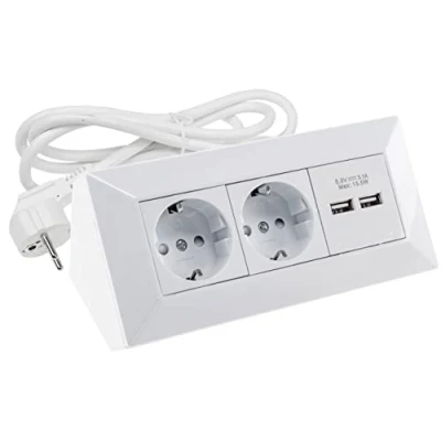 Abbildung von ChiliTec Steckdosenblock 2 Fach Küchensteckdose mit 2X USB 3,1A 250V Schutzkontaktsteckdose Ecksteckdose 1,5m Kabel für Küche Büro Werkstatt Weiß