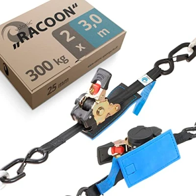 Abbildung von valonic Racoon Automatik Spanngurt mit Haken, gepolstert, 3m, 25mm, 300Kg, EN 12195 2, 2 Stück, Ratsche Spanngurte Automatik, Zurrgurte für Motorrad, SUP schwarz