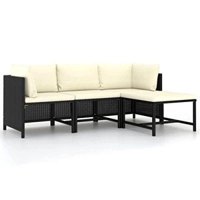 Abbildung von vidaXL Gartenmöbel 4 TLG. mit Auflagen Lounge Sofa Sitzgruppe Mittelsofa Ecksofa Fußhocker Sitzgarnitur Gartenset Gartensofa Schwarz Poly Rattan