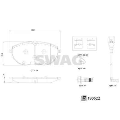 Abbildung von SWAG 33 10 7793 Bremsbelagsatz Vorderachse inkl. Verschleißwarnkontakt mit Anti Quietsch Blech, Bremssattelschrauben, Befestigungsmaterial