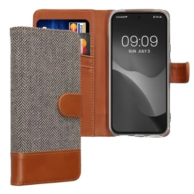 Abbildung von kwmobile Wallet Case kompatibel mit Google Pixel 8a Hülle Ständer Handyhülle Kartenfächer Hellgrau Braun
