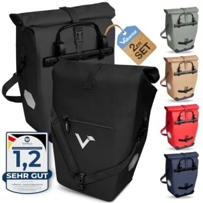 Abbildung von Valkental 2in1 Fahrradtasche aus klimafreundlichem TPU 2er Set 100% Wasserdicht Viele praktische Fächer 23 28L Flexibles Volumen mit Laptopfach Gepäckträgertasche Schwarz