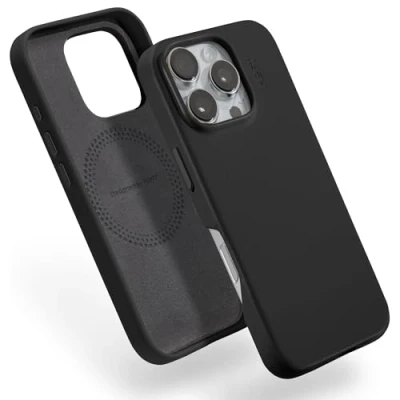 Abbildung von MOFT für iPhone 16 Pro Hülle, MOVAS Vegane Ledertasche Magnetische Hülle Kompatibel mit MagSafe, Weicher Anschlag, Farberhaltung, Fleckenresistent, Leicht zu Reinigen, Tiefschwarz