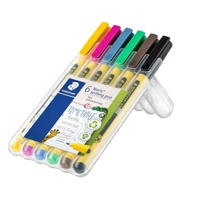Abbildung von STAEDTLER Noris writing pen 307 Fineliner, Gehäuse aus 97% recyceltem Plastik gemäß ISO 14021, Box mit 6 Fineliner in sortierten Farben, SB6