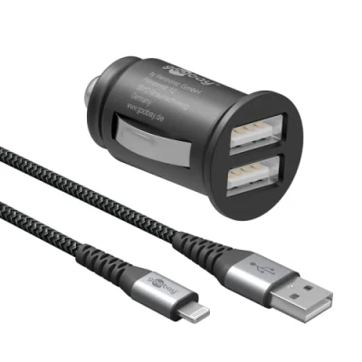 Abbildung von Goobay 64804 Dual USB Port Auto Ladegerät Zigarettenanzünder Adapter 12V / 24V Kfz Mini Ladestecker A Car Charger 15,5W inkl. 1m Lightning Kabel