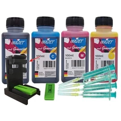 Abbildung von HP305 / HP305XL 400ml TiDis Ink Druckertinte BCMY + IRP109 Luftabzugsadapter