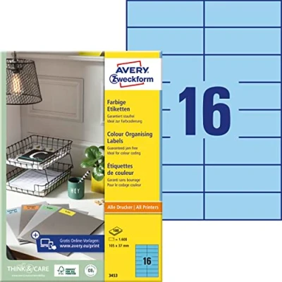 Abbildung von AVERY Zweckform 3453 Blaue Etiketten (1.600 Aufkleber, 105x37mm auf A4, permanent haftend, selbstklebende Farbetiketten, Papier matt, bedruckbare, farbige Klebeetiketten) 100 Blatt