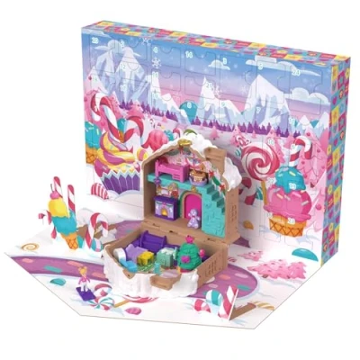 Abbildung von Polly Pocket Adventskalender mit Puppe, Lebkuchenhaus Spielset zum Selbermachen 24 Überraschungen, Puppenhausmöbeln und Weihnachtszubehör, JFV13