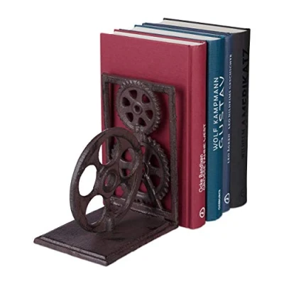 Abbildung von Relaxdays Buchstütze Retro, Gusseisen, Bücher, DVDs, Zahnräder, Filmrolle, Deko Buchwinkel HxBxT: 16 x 13 10 cm, braun
