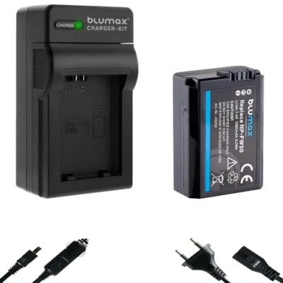 Abbildung von blumax Akku Ersatz für Sony NP FW50 [ 1080mAh ] + Charger Alpha 7 7II 7R 7S II 55 5000 6300 6500 / NEX 6 F3 DSC RX10 IV // ZV E10